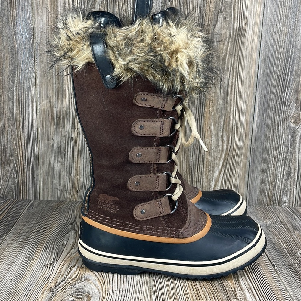 Sorel Brown and Black Faux-Fur Trim Winter Rain Boots